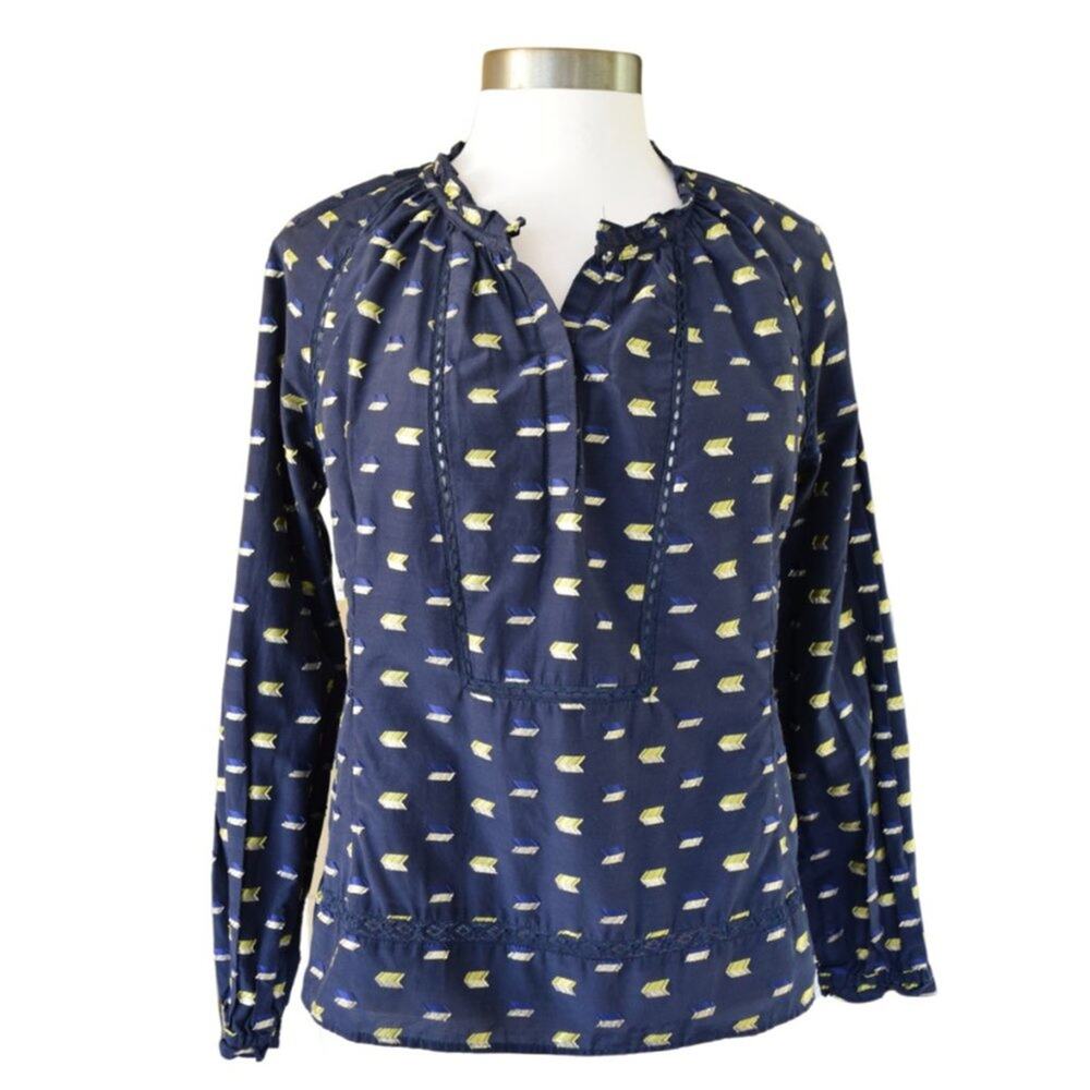 J Crew Pont Sur Navy Popover Top Metallic Arrow Lace Inset